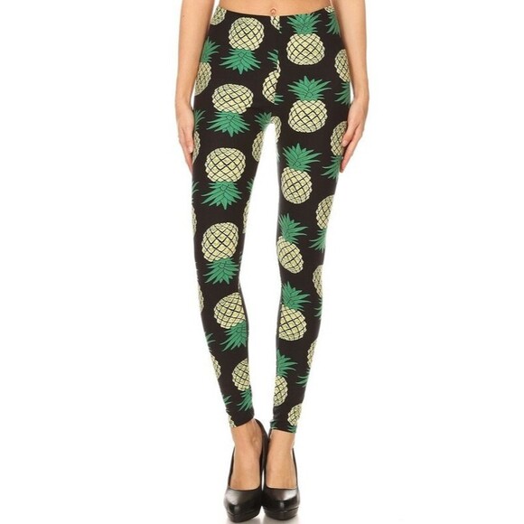3X-5X/X-Plus‎ Size Women Buttery Soft Green Pineapple Leggings - Picture 2 of 9